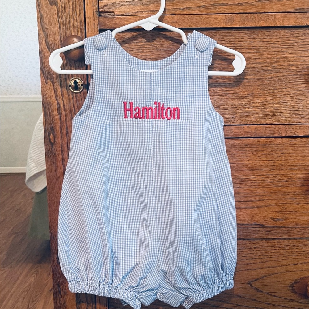 Blue Gingham 6 Month Baby Romper “Hamilton”